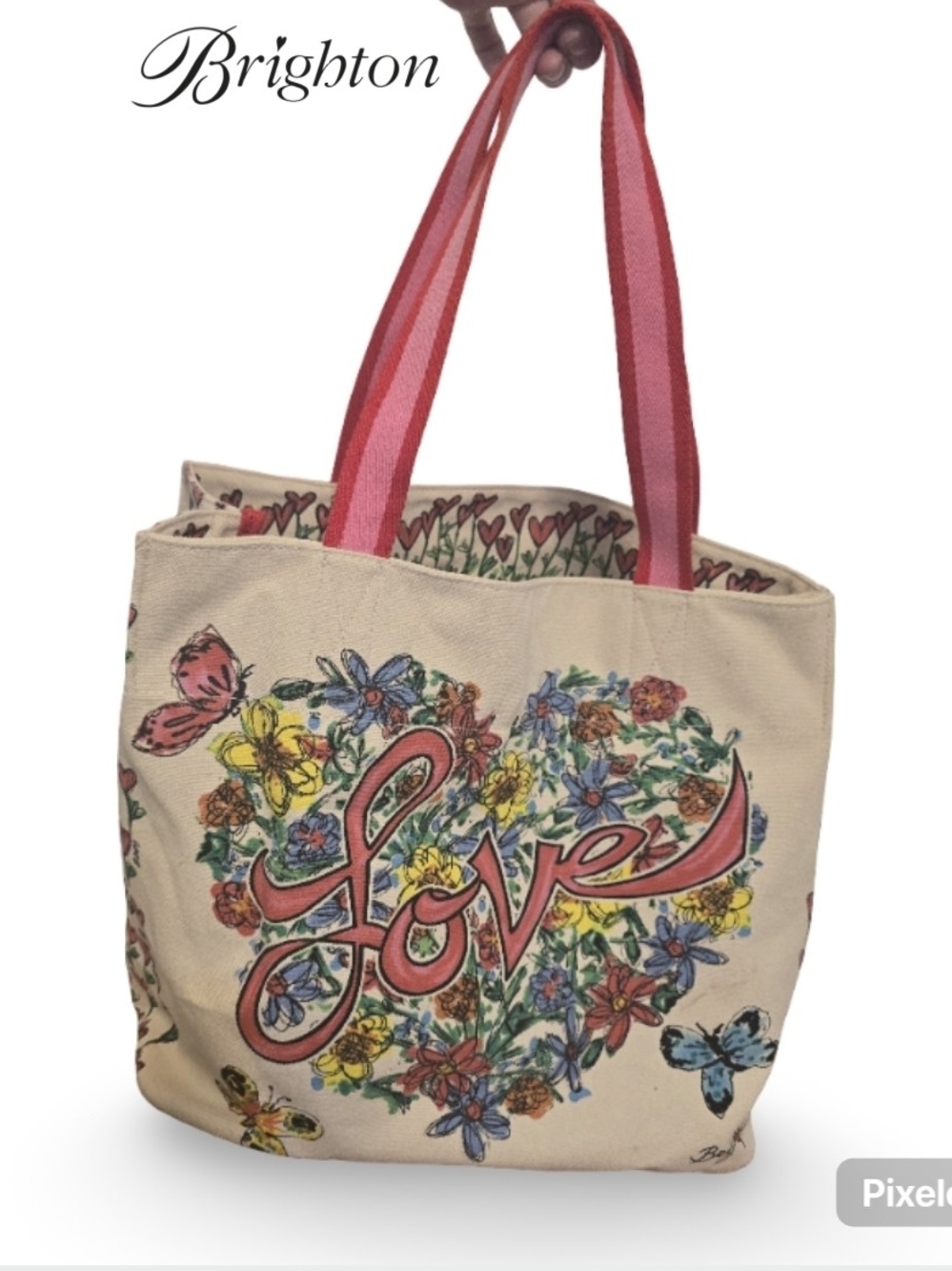 Brighton Floral "Love" Canvas Tote Bag with Pink Handles & Butterfly Art